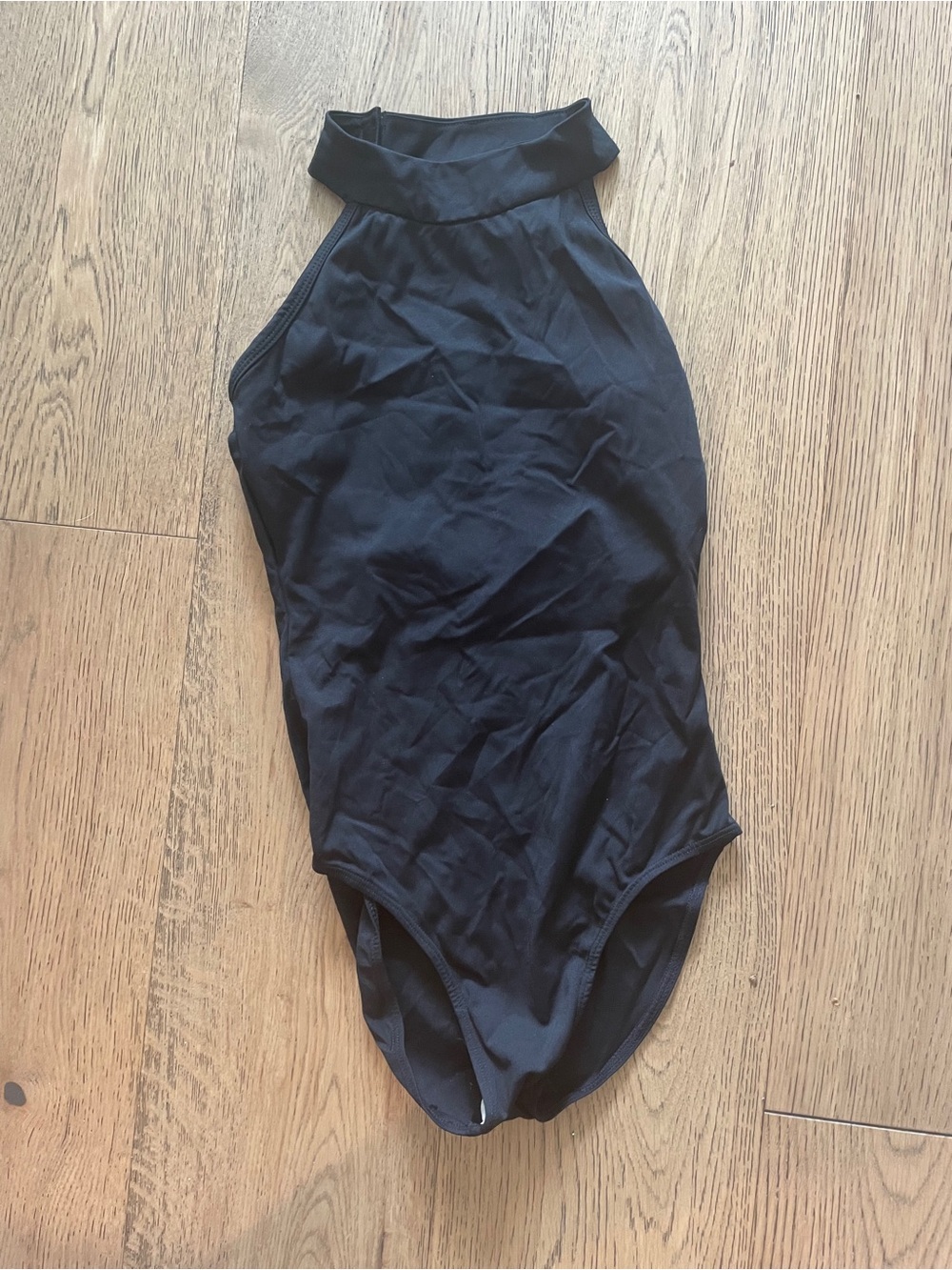 Black High Neck One-Piece Leotard with sheer floral back